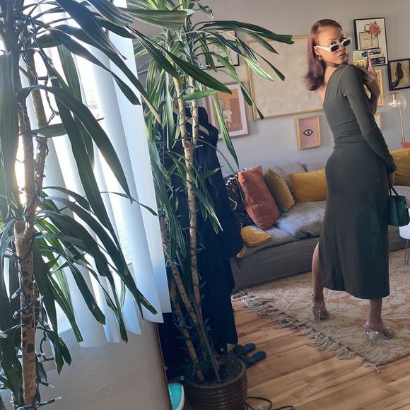 Zara Draped Asymmetrical Olive Green Dress - Picture 11 of 14